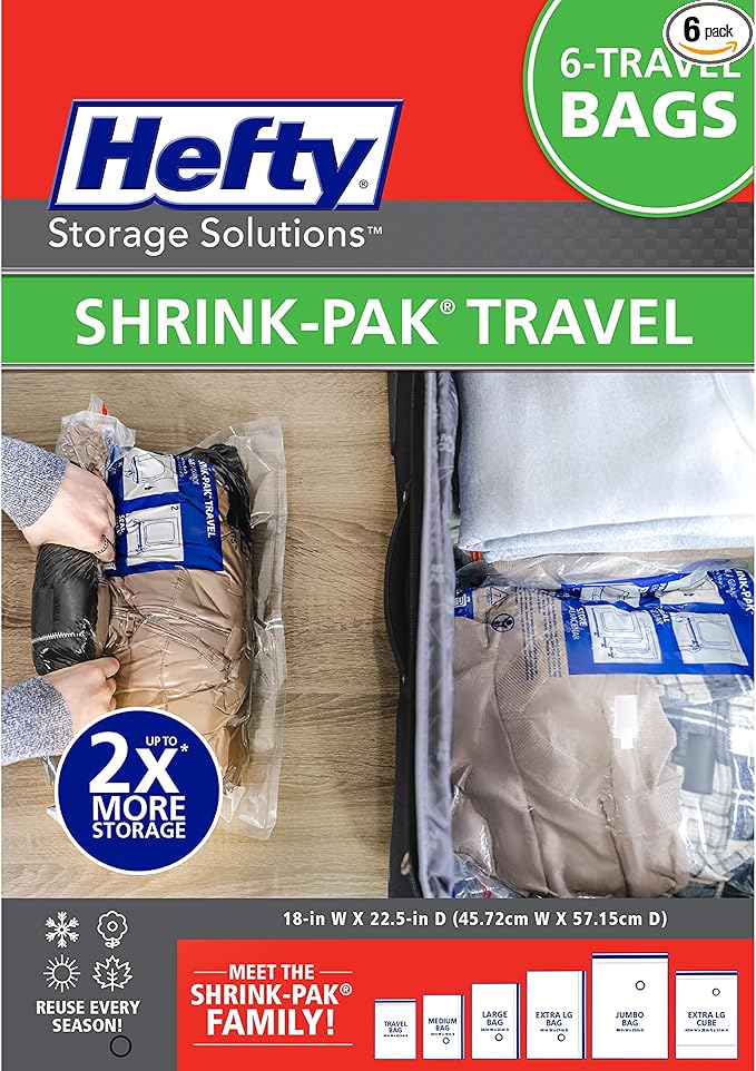 Hefty Shrink-Pak Large Travel Bags - Airtight Storage Bags for Maximum Space Saving, Travel Essentials, Ideal for Packing, Durable, Reliable Compression with Sealed Protection