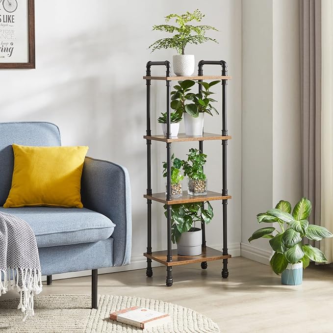 IBUYKE Industrial Pipe Ladder Shelf,4-Tier Vintage Style Book Shelf,Free Standing Units,Display Rack and Storage Organizer for Living Room,Bedroom,Kitchen,Rustic Brown UTMJ404H