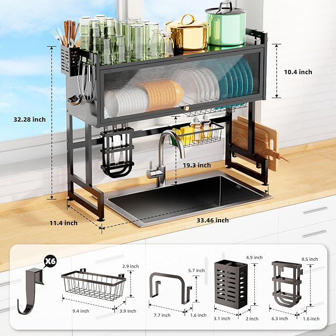 Over The Sink Dish Drying Rack, 3 Tier Over The Sink Dish Drainer Drying Rack with Cover for for Dishes, Glasses, Bowls and Cutlery, Dish Drainers Organizer for Kitchen Counter Storage