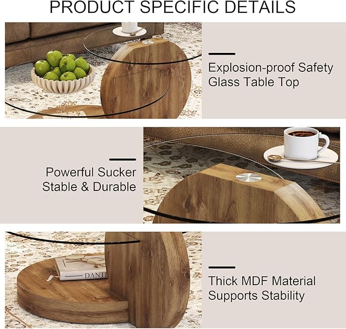Glass Coffee Tables for Living Room Round Coffee Tables Modern Double Layer Round Table Circle Coffee Table for Small Space Home Office (42 Inch Dark Wood)