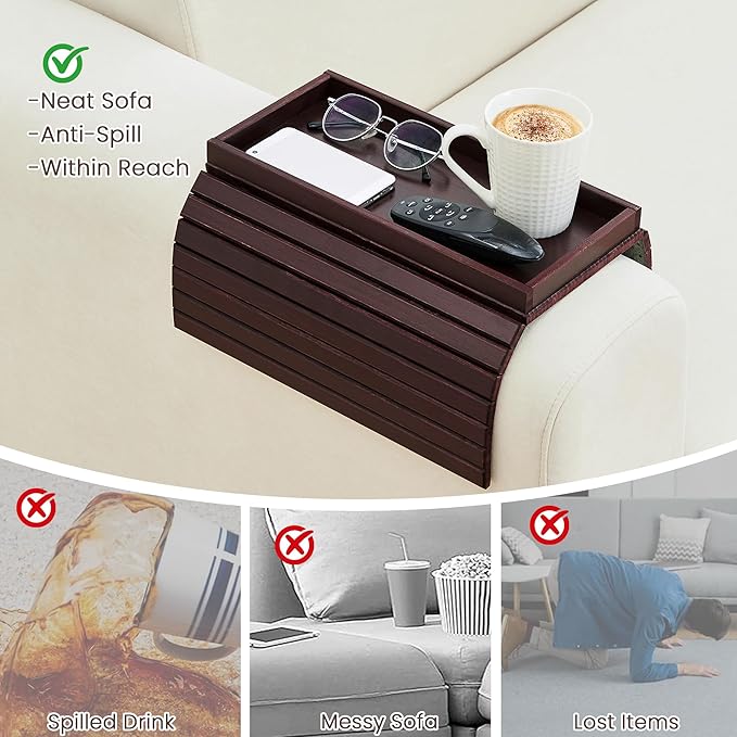 GEHE Bamboo Sofa Arm Tray, Foldable Couch Arm Tray Side Table, Anti-Falling Armrest Tables Cup Holder for Snacks, Drinks, Beers, Phone, Control, Flexible and Portable, Anti-Slip Bottom-NeatNest