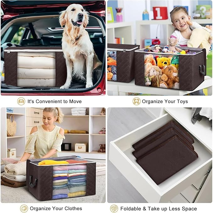 Budding Joy Clothes Storage, Foldable Large Storage Bags, Storage and Organization for Clothing, Blanket, Comforter, Clothes, Pillows, Closet Organizers with Enhanced Handle, 60L 6 Pack Brown-NeatNest