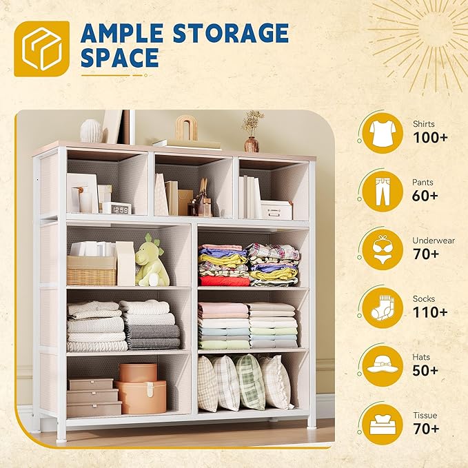 DWVO Dresser with 9 Drawers - Fabric Storage Tower, Organizer Unit for Living Room, Hallway - Sturdy Steel Frame, Wooden Top & Easy Pull Fabric Bins-NeatNest