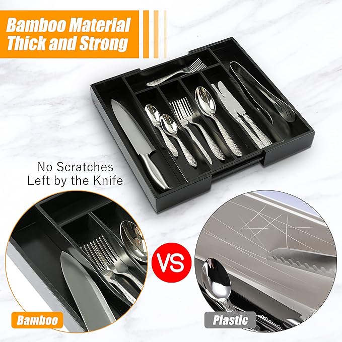 Bellsal Black Silverware Organizer Kitchen Drawer Organizer Expandable Bamboo Utensil Holder Cutlery Tray for Kitchen Utensil and Flatware Bedroom Office-NeatNest