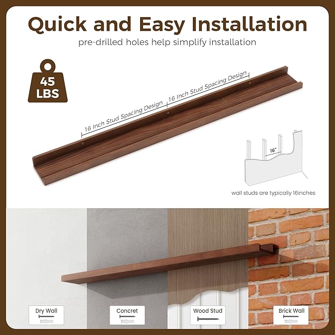 Floating Shelves for Wall 48 Inch | Picture Ledge Shelf Set of 2 | Solid Ash Wood Floating Shelves with Lip | Dark Wood Picture Shelf for Wall with Ledge | Photo Ledge Shelves-NeatNest