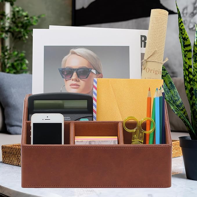 Desk Organizer, Mail Organizer Countertop, Bills Organizer, Mail Sorters, Magazine Holder, Desk Organizer and Accessories for Office Supplies, Brown Leather-NeatNest