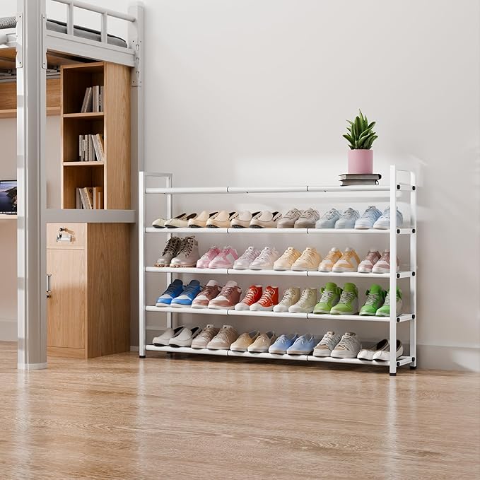Bumusty 5-Tier Long Expandable Shoe Rack for Closet, 18"-44" Adjustable Shoe Rack for Entryway, 25-30 Pairs Large Shoe Organizer Shelf Storage, Sturdy Metal, White-NeatNest