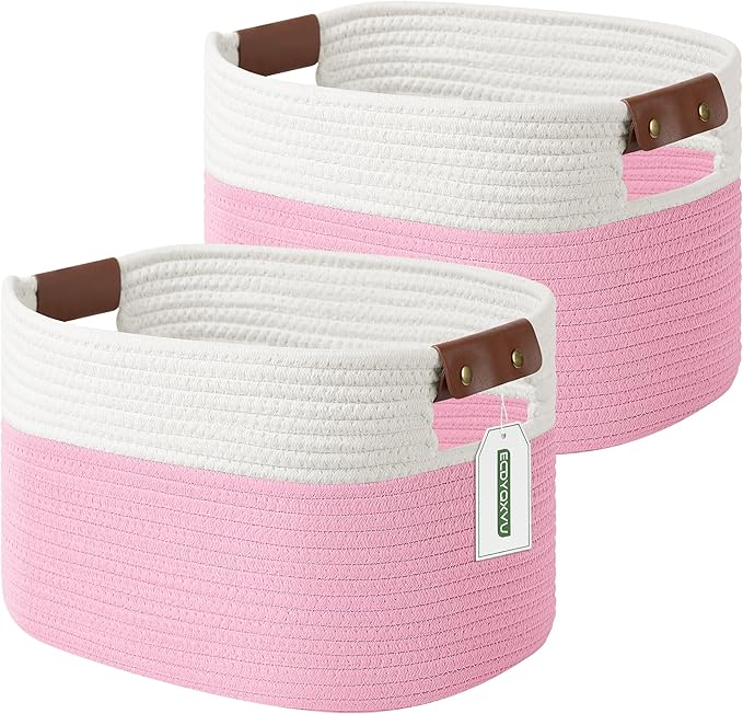 Cotton Rope Basket , Storage Baskets with Handle, 15x10x9 Inch Woven Basket for Shelves, Laundry, Towels, Clothes, Books, Toys (White/Pink 2Pack)-NeatNest
