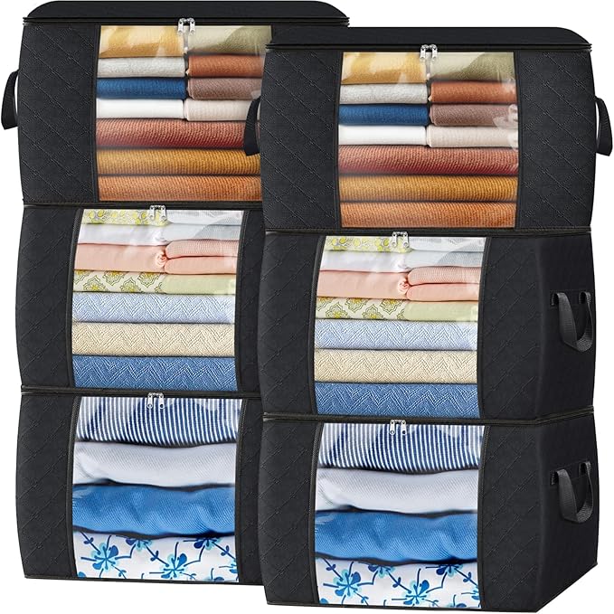 Fab totes 90L Clothes Storage, Foldable Thick Fabric Blanket Storage Bags, Containers for Organizing Bedroom, Closet, Clothing, Comforter, Organization with Handle (6 Pack,Black)-NeatNest