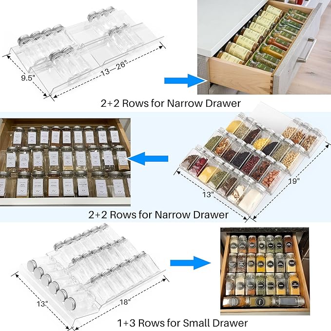 Antimbee Spice Drawer Organizer, 4 Tier- 8 Pack Kitchen Spice Rack Tray for Drawer, Expandable From 13" to 26" Acrylic Seasoning Organizer Rack Holds up 56 Spice Jars (Jars not Include)-NeatNest
