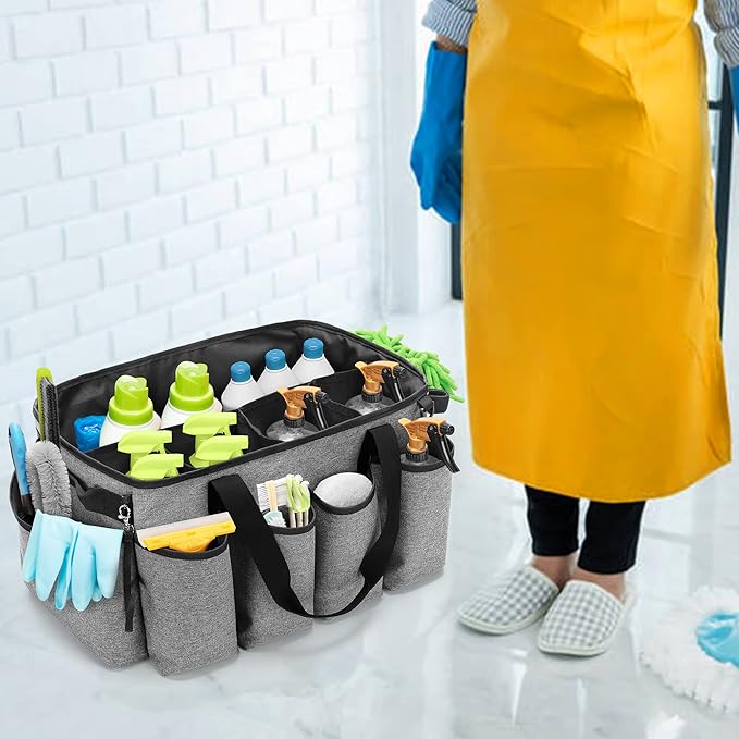Extra-Large Cleaning Caddy, Organizer with Handles for Cleaning Tools & Products Storage, Large Capacity Tote Bag for Car, Home & Housekeeping Work, Gray