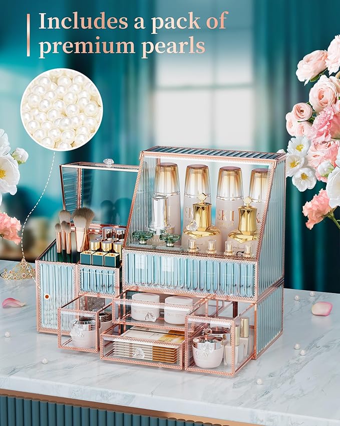 Glass Makeup Organizer - Multi-Functional 3-in-1 Cosmetic Organizer for Skincare, Lipstick, Brushes - Vanity Organizer & Bathroom Organizer