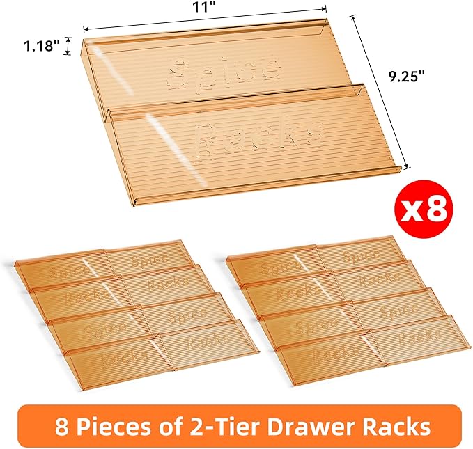 8 Packs Spice Drawer Organizer, 2-Tier Acrylic Drawer Seasoning Organizer, Expandable From 11'' to 22'' Kitchen Spice Rack Organizers and Storage for Drawer (Jars not included), Amber