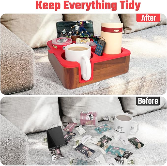 Couch Cup Holder Tray, Real Acacia Wooden Caddy with Soft Silicone, Snack and Drink Organizer- Perfect Movie Night Accessories for Bed, Remote and Cup Holders for Sofa (Red)-NeatNest