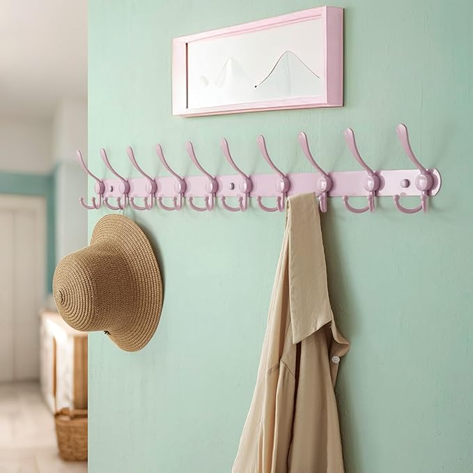 Dseap Coat Rack Wall Mount - 38” Long 10-Tri-Hooks Heavy Duty Coat Hanger Rail Wall Hooks for Hanging Coats Hats Clothing Clothes Purse Mudroom Entryway, Pink, Pack of 2-NeatNest