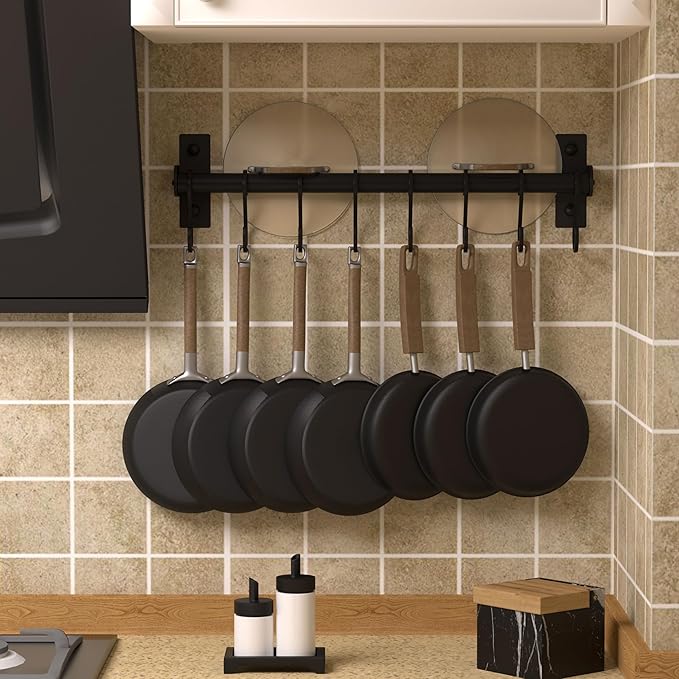 Dseap Kitchen Utensil Holder Hanger, Pot and Pan Rack Wall Mounted, Kitchen Rail with 8 Hooks for Hanging Cooking Utensils, Mugs, Spoons, Wall Mounted, Black-NeatNest
