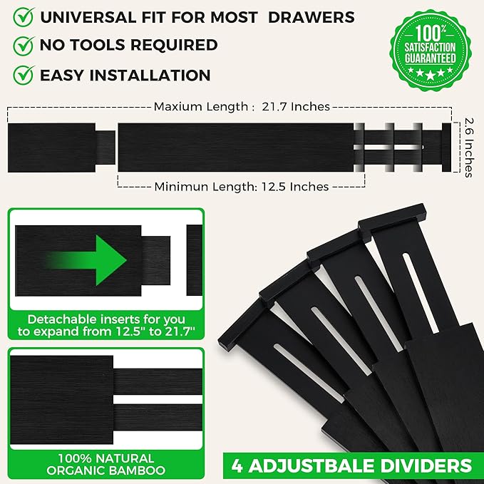 Bamboo Drawer Dividers Organizer with Inserts, Expandable from 12.5-21.7", Adjustable Drawer Organizer Separators for Utensils, Dresser, Bedroom, Bathroom, Closet, Clothing, Office (Black)-NeatNest