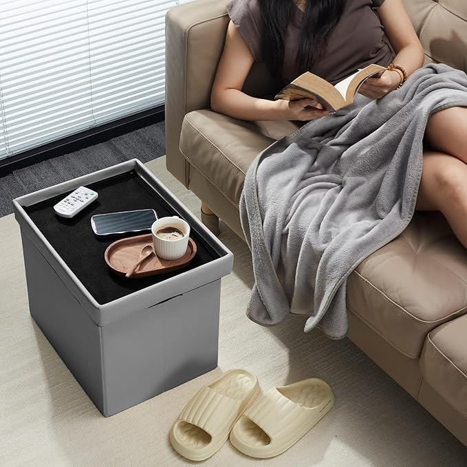 AmasSmile Storage Ottoman Folding Foot Rest Stool, Leather Footstool Bench, Short Ottoman Stool, Storage Foot Rest Store, Books (Grey, 17" D x 13" W x 13" H)-NeatNest