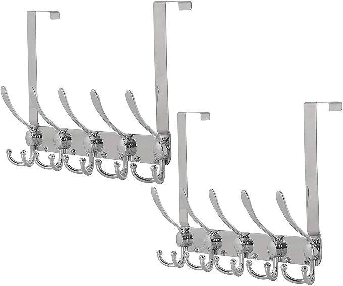 Dseap Over The Door Hook Hanger - 5 Tri Hooks, Heavy Duty Over The Door Towel Rack Coat Rack for Clothes Hat Towel, Chromed, 2 Packs