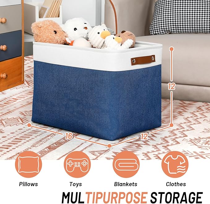 DULLEMELO Large Storage Baskets, Fabric Storage Bins for Organizing Foldable Linen Shelf Baskets for Clothes, Toys, Closet, Laundry (White&Blue,16"x12"x12"-1 Pack)-NeatNest