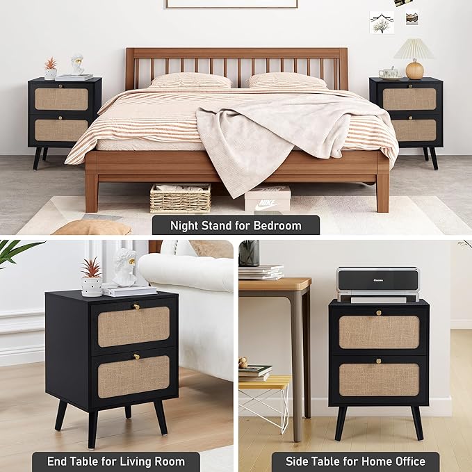 Mid Century Night Stand Set of 2, Modern Nightstand with 2 Drawers & Curved Linen Panel, Farmhouse End Table Wood Bedside Table Small Side Tables for Small Space, Bedroom (Black)