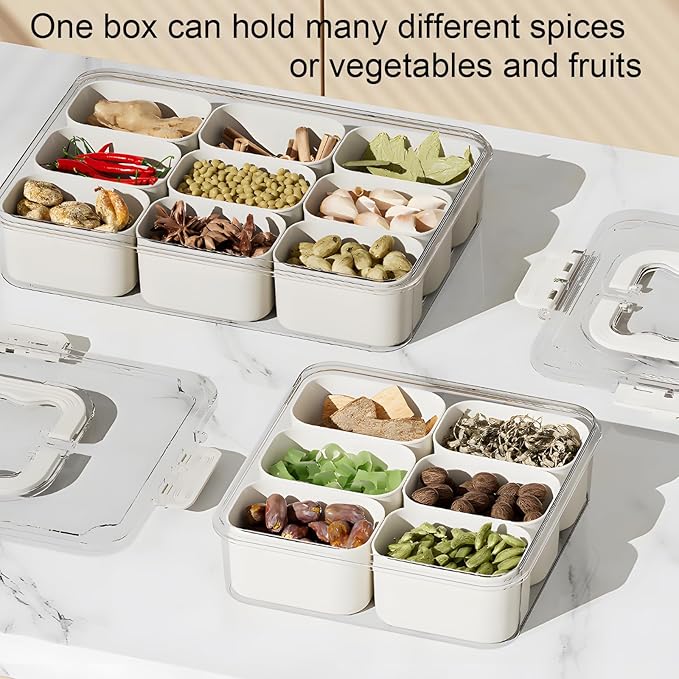 Divided Veggie Tray with Lid and Handle 9 Compartment Serving Tray with Dividers Portable Travel Snack Containers Stackable Snackle Box Charcuterie Container for Fruit,Vegetable,Salad (9 Containers)-NeatNest