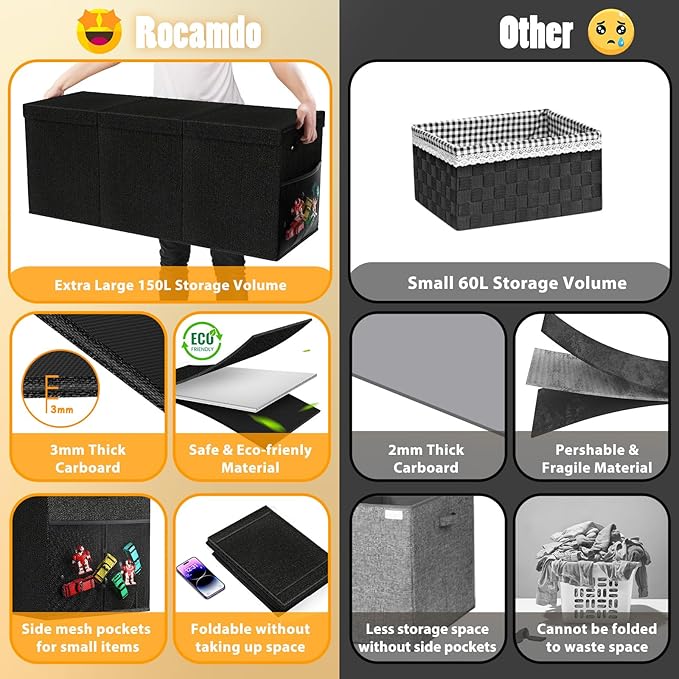 Extra Large Toy Storage Box with Lid Divider, Sturdy Collapsible Toys Organizer Chest Kids Storage Bins Boxes Baskets for Boys, Girls, Nursery, Bedroom, Living Room, Playroom, 40"x14"x16", Black