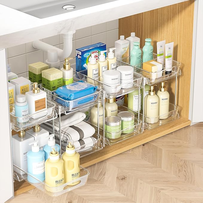 Under Sink Organizer, Bathroom Organizers and Storage, 2 Tier Multi-Use Pull Out Cabinet Organizer with Hang Hooks and Cups (transparent, 4 Pack)-NeatNest