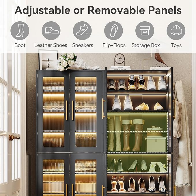 LITTLE TREE Stylish 8-Tier Vertical Shoe Rack with Built-in LED Lighting, Doors for Dust Protection, and Convenient External Hooks, Shoe Cabinet for Entryway, Living Room, Bedroom, Black
