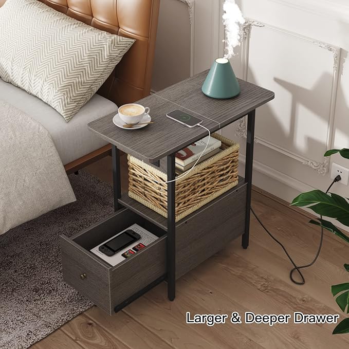 LIDYUK End Table with Charging Station, Narrow Side Table with Drawer and USB Ports & Power Outlets, Nightstand Bedside Tables for Small Spaces, Bedroom, Living Room, Dark Grey, Set of 2