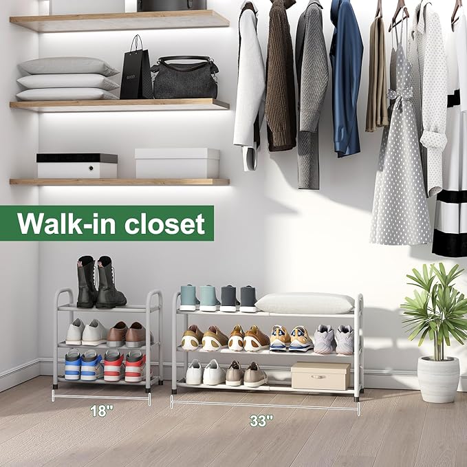 White Shoe Rack for Closet, 3-Tier Expandable Shoe Organizer for Closet, Metal Adjustable Black Shoe Shelf Storage Organizer, Free Standing Shoe Rack for Entryway Doorway-NeatNest