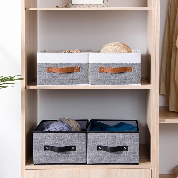 Foldable Storage Bins, 16.1 × 9.8 × 6.5 inch Closet Bin with Handles, Fabric Clothes Boxes for Drawers, Baskets for Organizing Shelves, 4 Pack, White and Grey-NeatNest