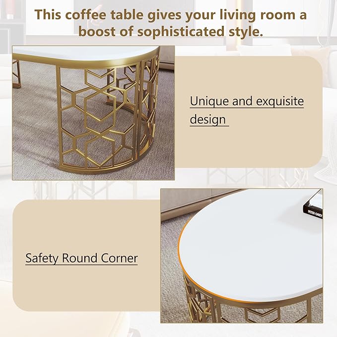 47.2" Modern Oval Coffee Table with Cut-Out Pattern Metal Stainless Steel Frame Multiple End Tables Sofa Table Utility Table for Living Room Office Bedroom Balcony, White & Gold