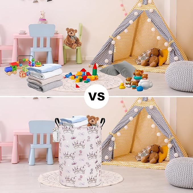 FANKANG Storage Basket, Nursery Hamper Canvas Laundry Basket Foldable with Waterproof PE Coating Large Storage Baskets for Kids Boys and Girls, Office, Bedroom, Clothes,Toys(Princess Castle)