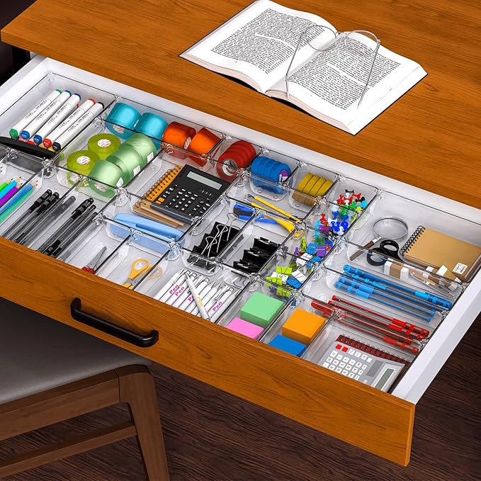 25 pc Clear Plastic Drawer Organizer Set,4 Size Small Storage Containers for Organizing Jewelry,Utensil,Junk,Tea,Makeup,Shallow Drawer Organizers Tray Suitable for Office,Desk,Bathroom,Vanity,Kitchen-NeatNest