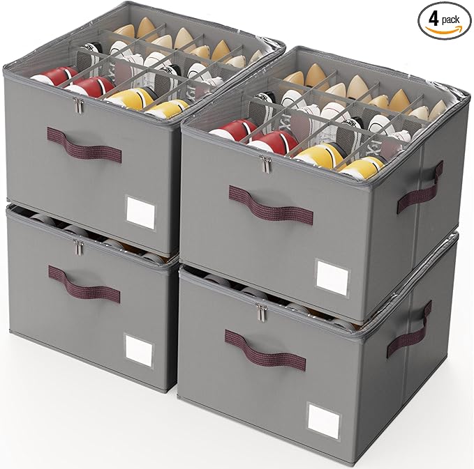Criusia Shoe Organizer for Closet, 4 Pack Shoe Organizer with Transparent Cover and Sturdy Handles, Closet Shoe Storage for Sneakers Sandals Slippers, Fit 12-16 Pairs, Gray-NeatNest