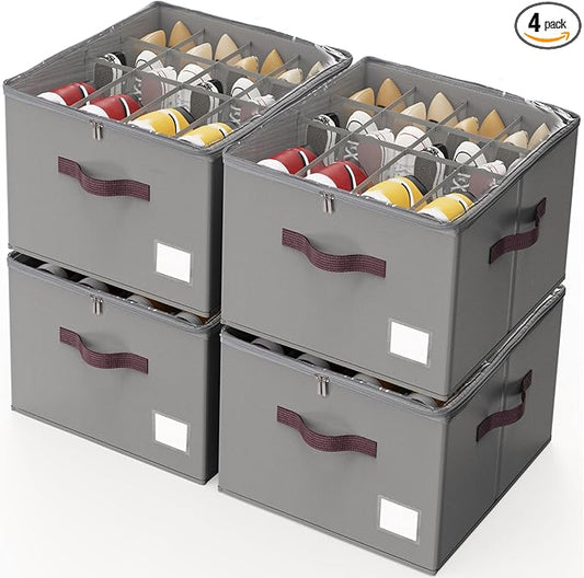 Criusia Shoe Organizer for Closet, 4 Pack Shoe Organizer with Transparent Cover and Sturdy Handles, Closet Shoe Storage for Sneakers Sandals Slippers, Fit 12-16 Pairs, Gray-NeatNest