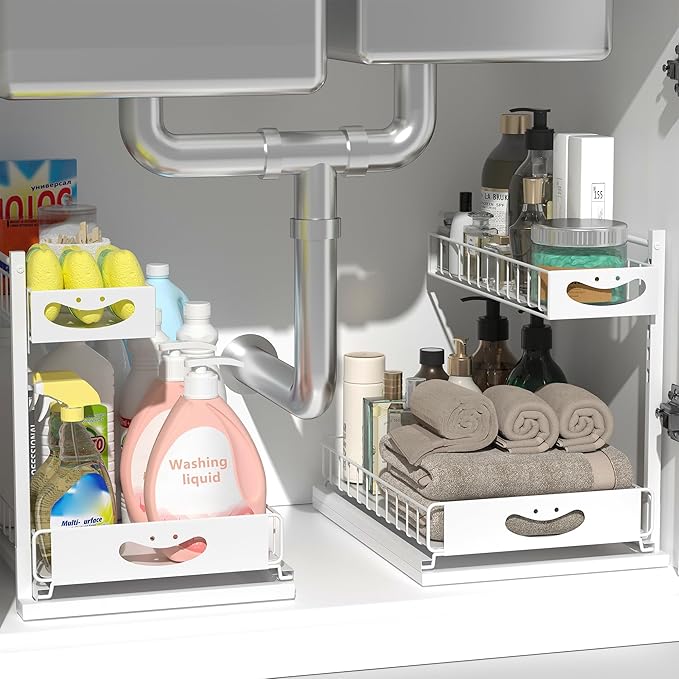 Under Sink Organizer with Pull-Out Drawers,Kitchen Sink Organizer,2 Tier Bathroom Organizers And Storage,Bathroom Accessories Set,White 2 Pack-NeatNest