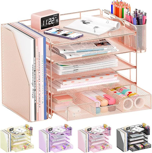 Desk Organizers and Accessories, 5-Tier Paper File Organizer with Drawer & Pen Holder, Office Desk Accessories Workspace Desktop Organizer for Office Supplies (Rose Gold)-NeatNest
