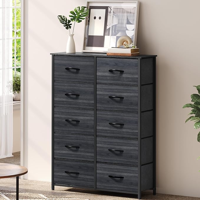 DWVO 10 Drawer Dresser - Fabric Storage Tower, Organizer Unit for Living Room, Hallway, Closets - Sturdy Steel Frame, Wooden Top & Easy Pull Fabric Bins-NeatNest