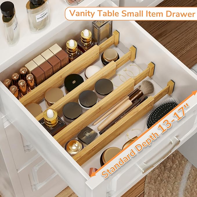 BAMEOS Drawer Divider,Expandable Bamboo Separators Adjustable Utensil Knife Fork Tool Kitchen Organizer, Clothes Fabric Drawer Organizer In Bathroom Bedroom Office, Cabinet Dresser Organizer 4-pack-NeatNest