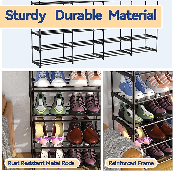 Large Shoe Rack Organizer, 4-Row 8-Tier Tall Shoe Storage Shelf for Closet, Entryway, Garage, Metal Free Standing Shoe Holder for 56-64 Pairs Shoes, Sturdy Stackable Shoe Stand for Bedroom-NeatNest