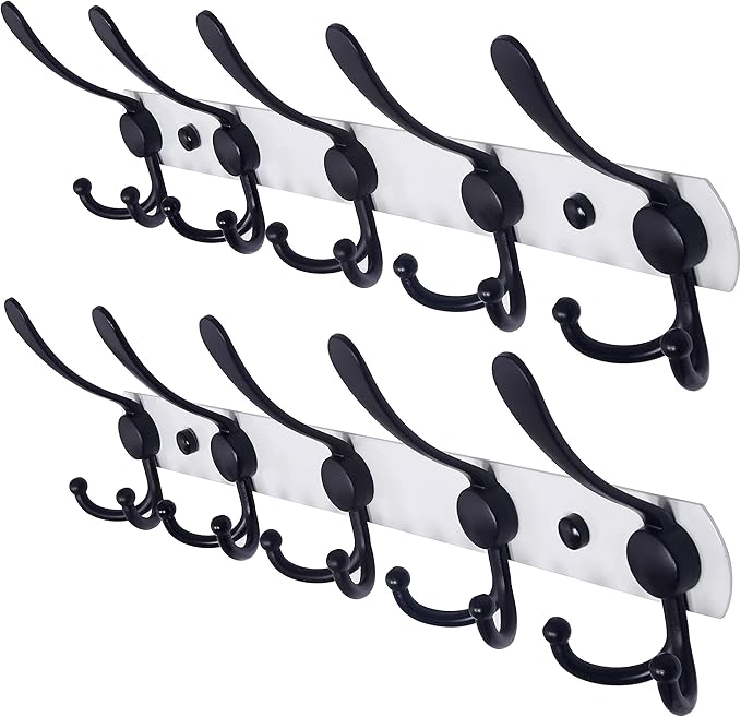 Dseap Wall Mounted Coat Rack - 5 Tri Hooks, Heavy Duty, Stainless Steel, Metal Coat Hook Rail for Coat Hat Towel Purse Robes Mudroom Bathroom Entryway (White & Black, 2 Packs)-NeatNest