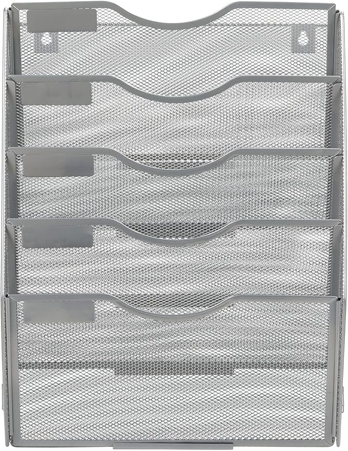 EasyPAG 5 Pocket Wall File Organizer, Silver | Metal Mesh Wall Mounted File Holder | Assembly Hanging Mail Organizer | Replaceable Classify Labels | Office Home Letter Size Paper Storage