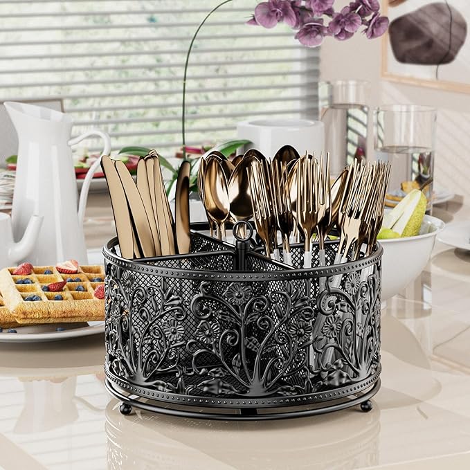 360° Rotating Utensil Caddy - Silverware Cutlery Caddy Holder with 4 Compartment, Metal Flatware Organizer Countertop with Handle for Party Camping Picnic, Kitchen Counter, Office (Black)-NeatNest