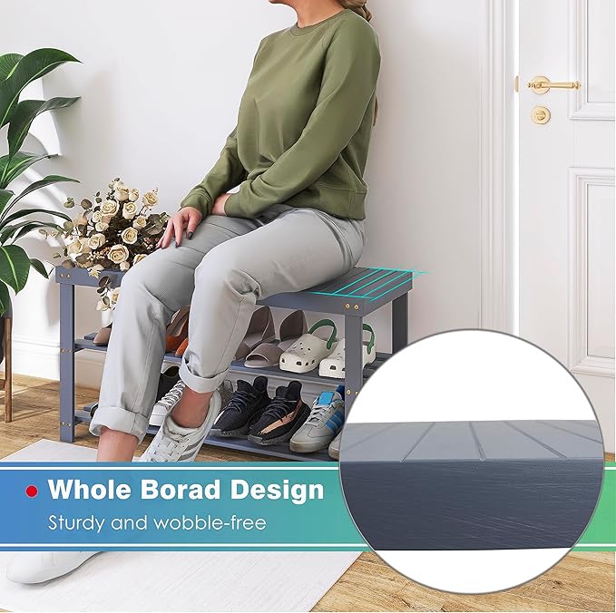 SMIBUY Bamboo Shoe Rack Bench, 3-Tier Shoe Organizer Storage Shelf for Entryway Hallway Bathroom Living Room (Grey)-NeatNest
