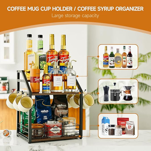 Coffee Station Organizer Mug Cup Holder Stand for Countertop, 3 Tier Coffee Syrup Organizer with 6 Hooks, Home Kitchens(Cabinets), Storage Stations, Office Desktop-NeatNest