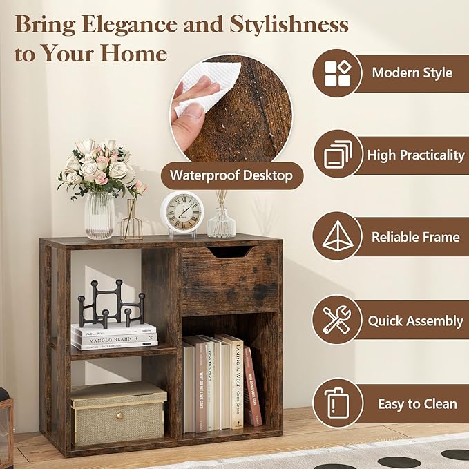 Giantex 3 Cube Bookcase with Drawer, 2 Tier Bookshelf for Small Space, Modern Freestanding Display Rack with Open Shelves, Book Case, Wood Cube Storage Organizer Bedroom Living Room, Rustic Brown