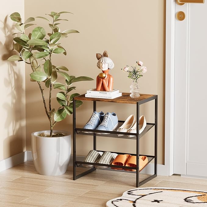 Garden 4 you 3 Tiers Narrow Shoe Rack,Small Space Freestanding Shoe Storage Organizer with Brown Wooden Tabletop,Adjustable Metal Shelf Stackable Shoe Shelf for Entryway Hallway Living Room Closet-NeatNest