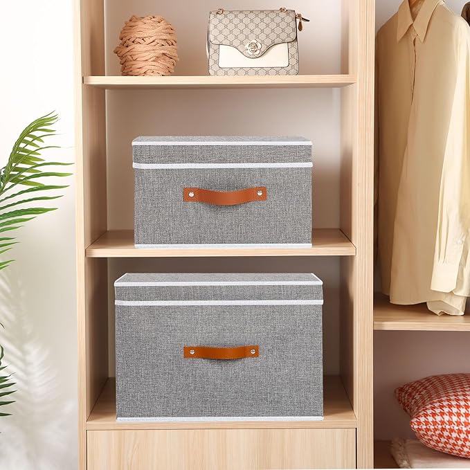 Fabric Storage Bins with Lids, Linen Foldable Clothes Boxes, Closet Organizer Containers with Double Handles, Baskets for Bedroom, Grey, 1 Pack, 13 x 9.1 x 7.9 Inch-NeatNest